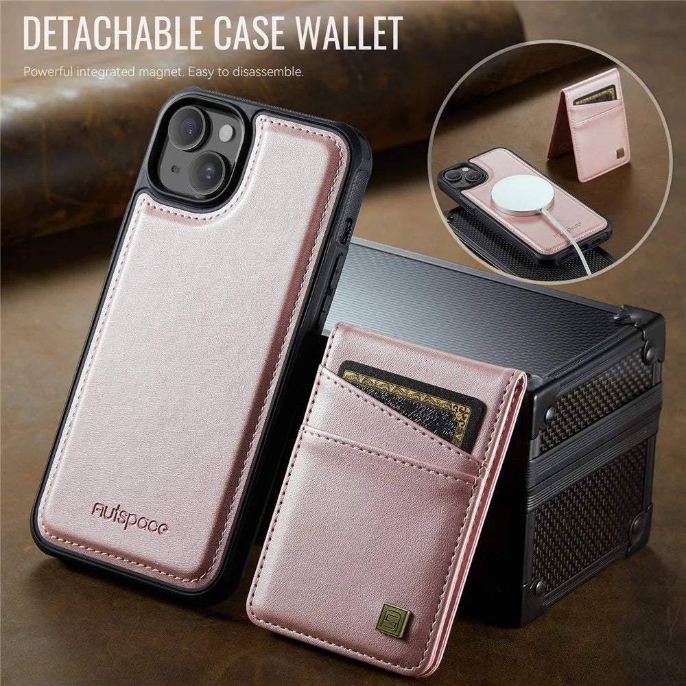 AUTSPACE For iPhone 15 Plus Case  A12 Leather Phone Case with Detachable Card Bag - Rose Gold - 4