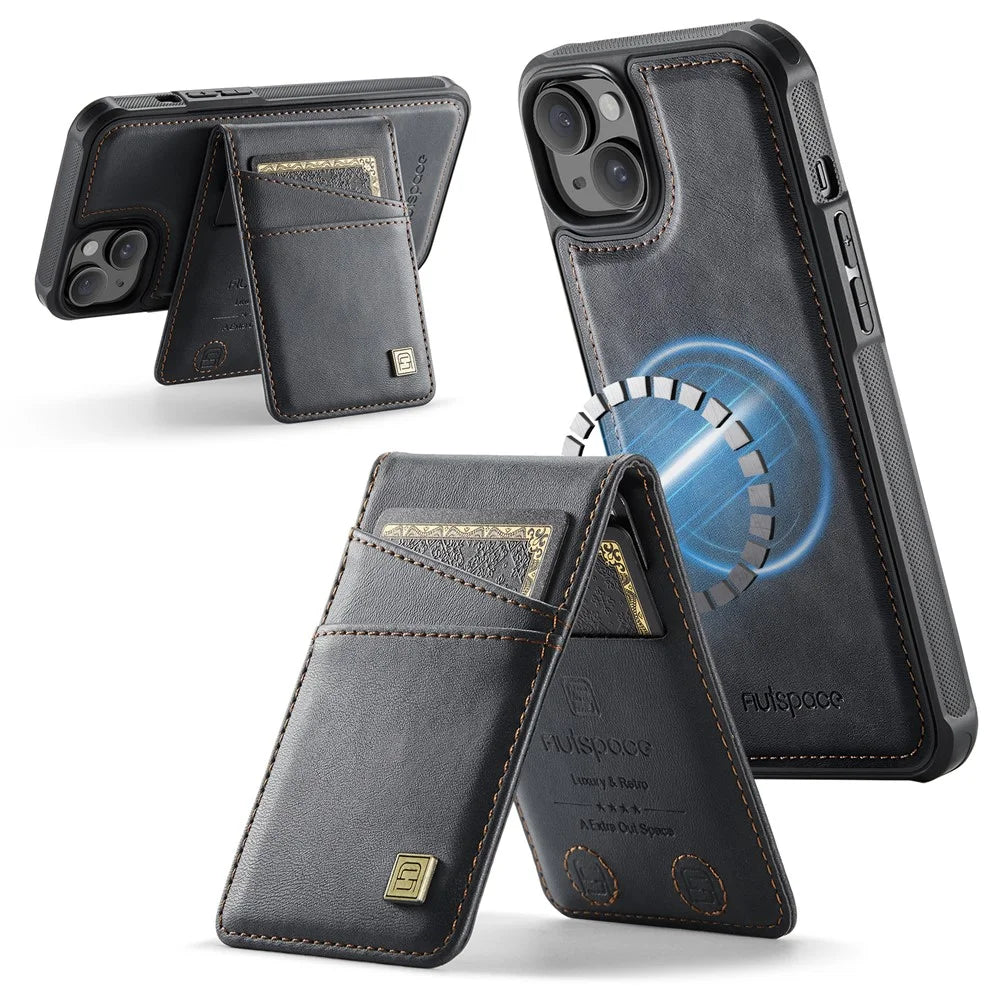 AUTSPACE For iPhone 14 Case  A12 Leather Phone Case with Detachable Card Bag - Black - 3