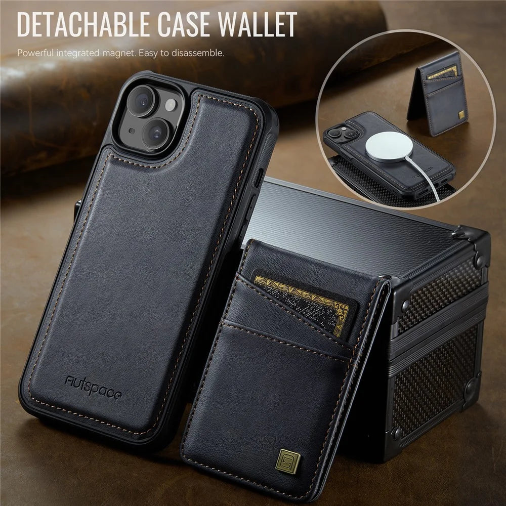 AUTSPACE For iPhone 14 Case  A12 Leather Phone Case with Detachable Card Bag - Black - 4