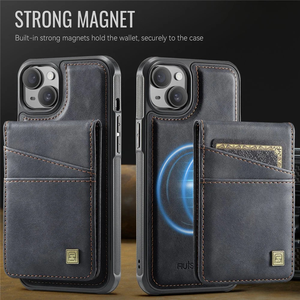 AUTSPACE For iPhone 14 Case  A12 Leather Phone Case with Detachable Card Bag - Black - 7