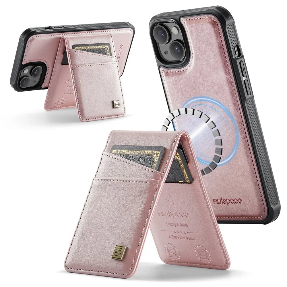 AUTSPACE For iPhone 14 Plus Case  A12 Leather Phone Case with Detachable Card Bag - Rose Gold - 3