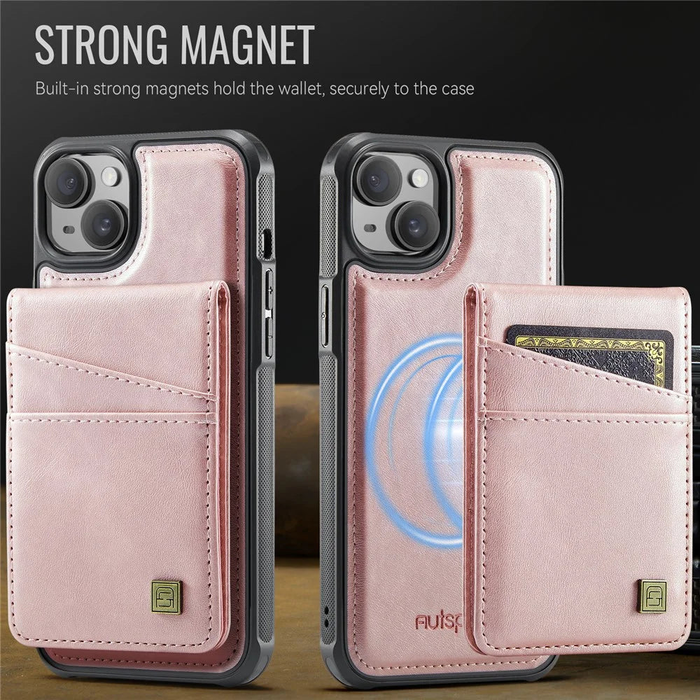 AUTSPACE For iPhone 14 Plus Case  A12 Leather Phone Case with Detachable Card Bag - Rose Gold - 7