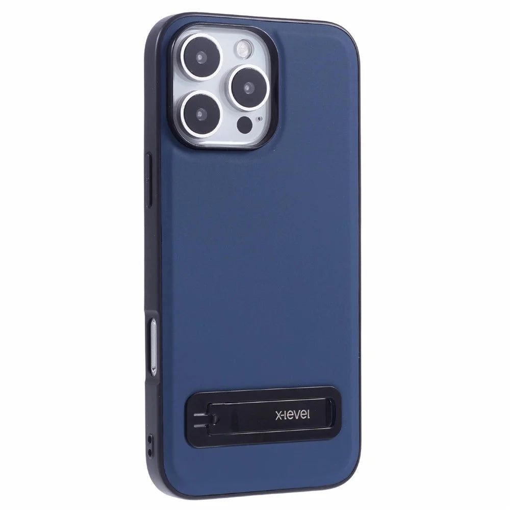 X-LEVEL For iPhone 16 Pro Max Phone Case Leather Coated PC TPU Back Cover with Metal Kickstand - Blue - 1