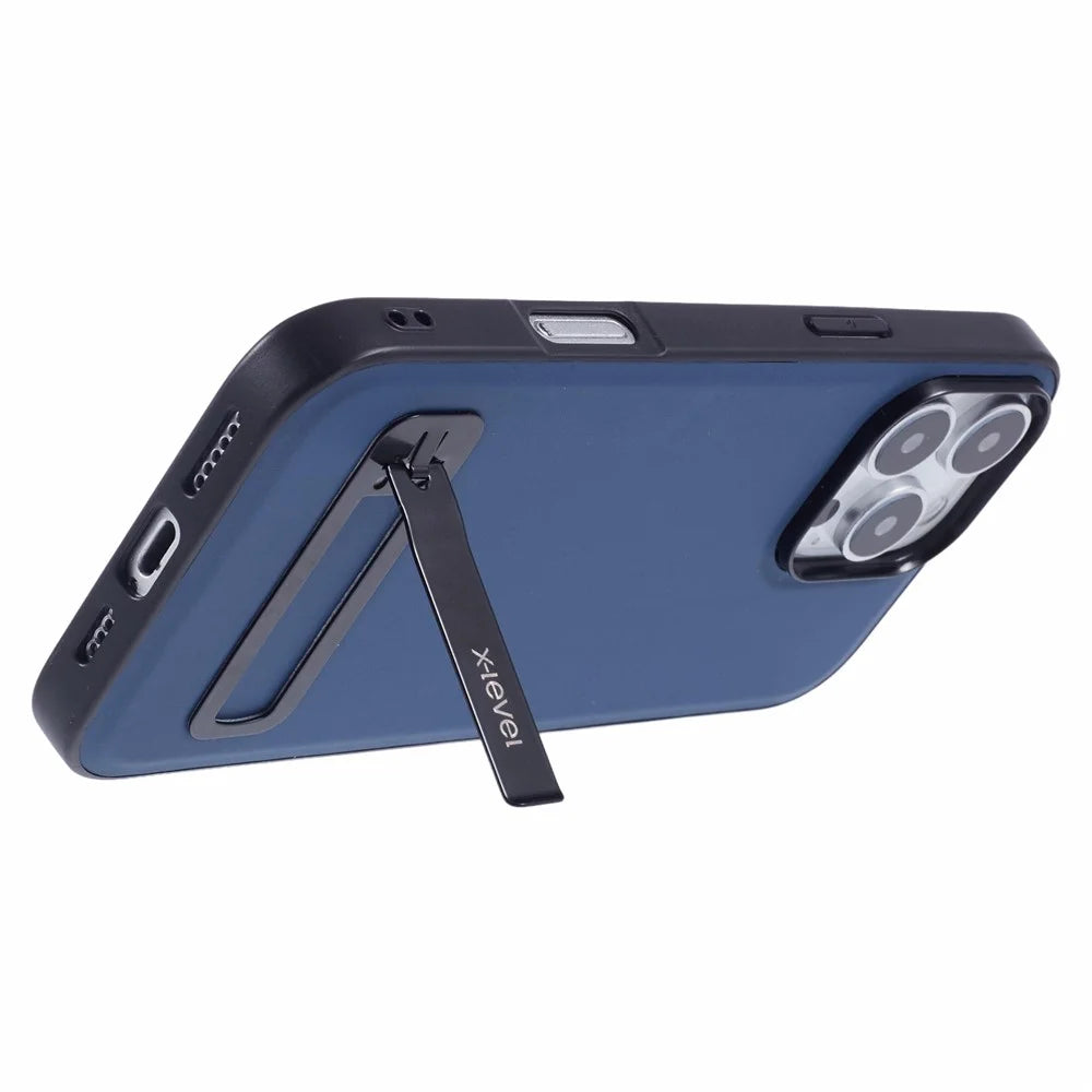 X-LEVEL For iPhone 16 Pro Max Phone Case Leather Coated PC TPU Back Cover with Metal Kickstand - Blue - 5