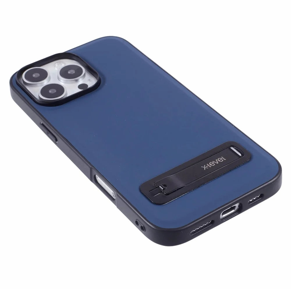 X-LEVEL For iPhone 16 Pro Max Phone Case Leather Coated PC TPU Back Cover with Metal Kickstand - Blue - 6