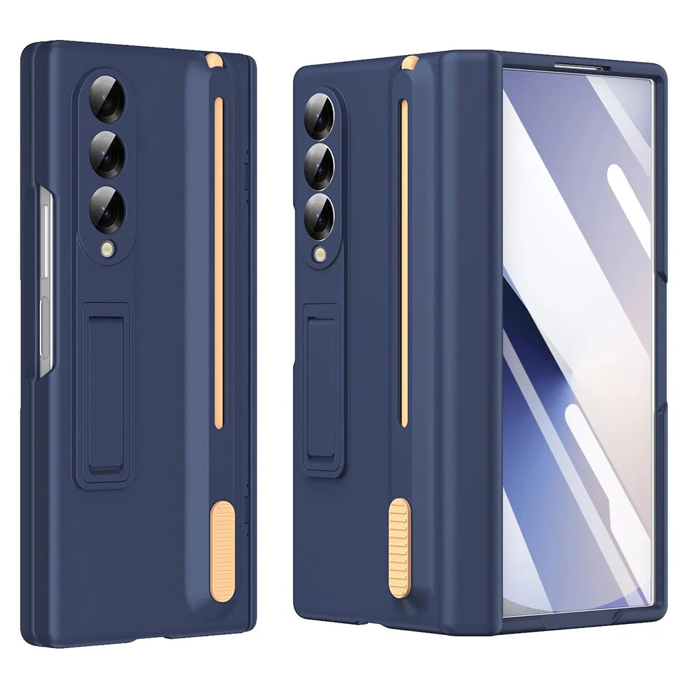 For Samsung Galaxy Z Fold3 5G Kickstand Phone Case with Tempered Glass Screen Protector and Stylus Pen - Sapphire - 1