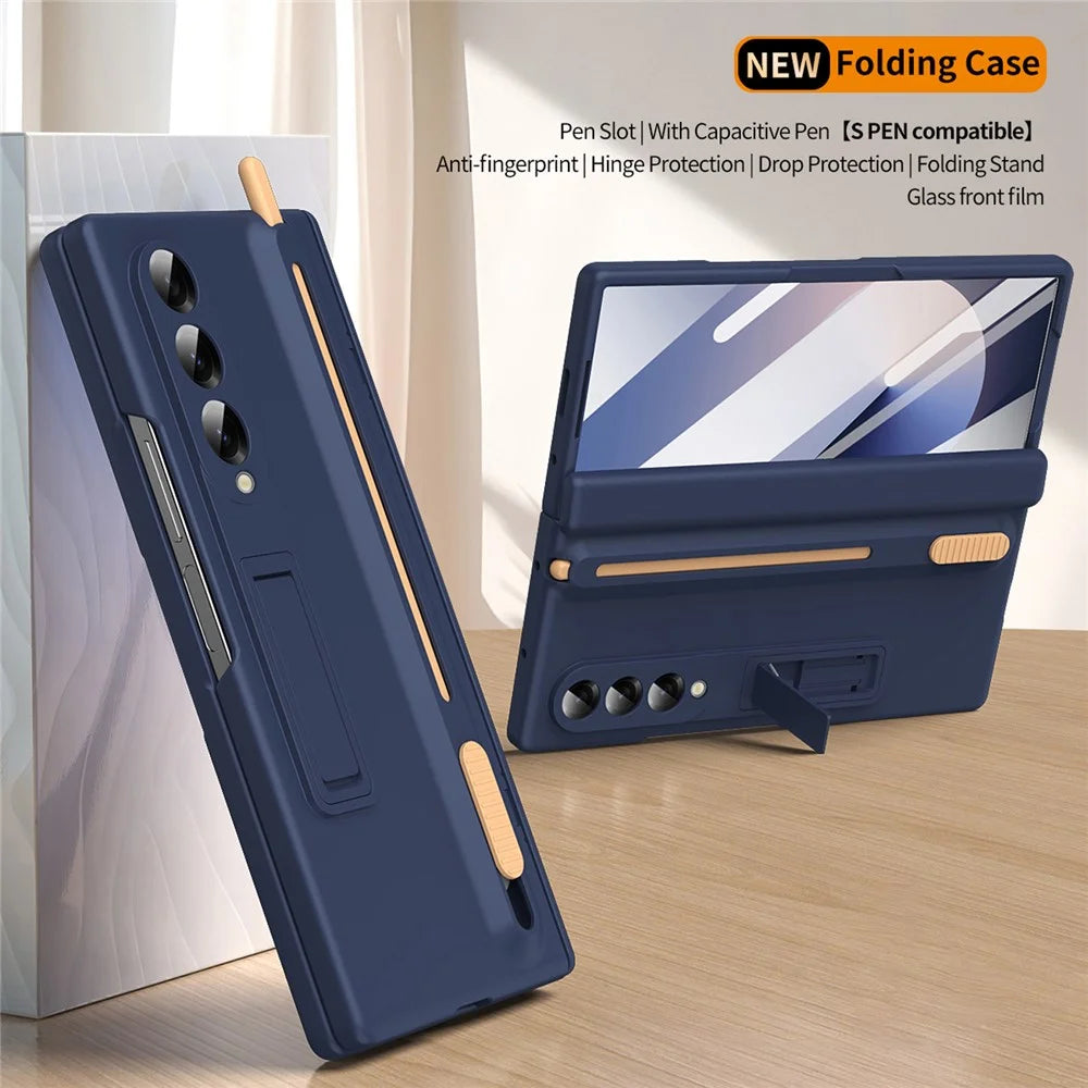 For Samsung Galaxy Z Fold3 5G Kickstand Phone Case with Tempered Glass Screen Protector and Stylus Pen - Sapphire - 2