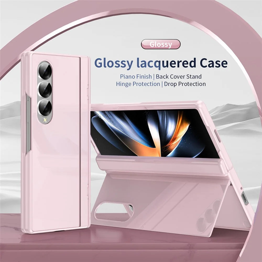For Samsung Galaxy Z Fold3 5G PC Phone Case with Back Cover Kickstand and Tempered Glass Film - Pink - 2