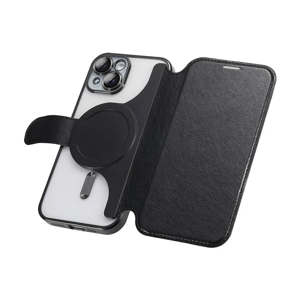 For iPhone 14 Plus Case Compatible with MagSafe Detachable Leather Phone Cover with Lens Film - Black - 5