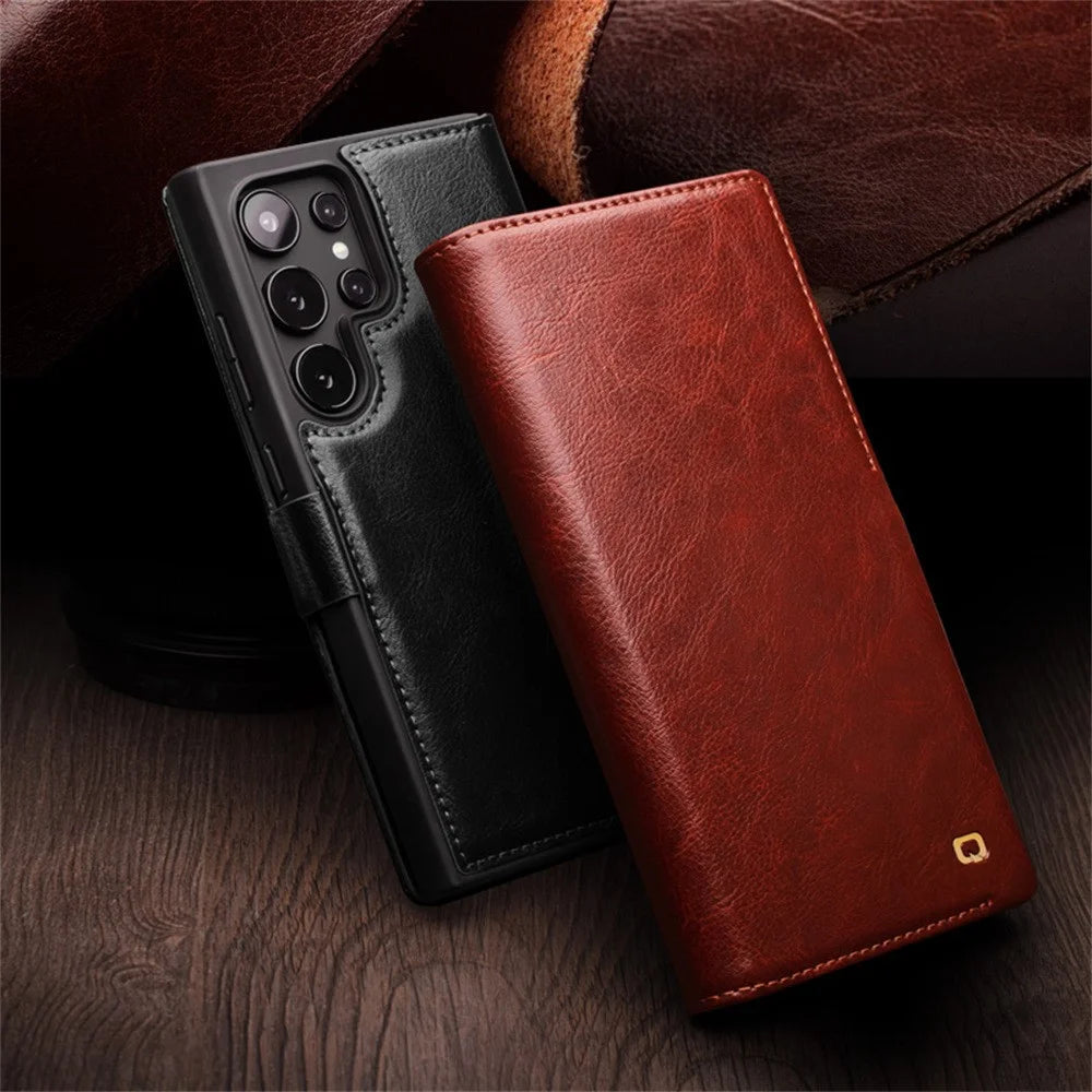 QIALINO For Samsung Galaxy S25 Ultra Case Genuine Cow Leather Wallet Phone Cover with Magnetic Closure - Black - 2