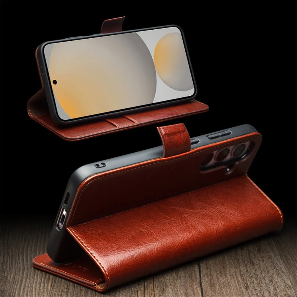 QIALINO For Samsung Galaxy S24 FE Case with Card Holder Genuine Cow Leather Stand Phone Cover - Brown - 4