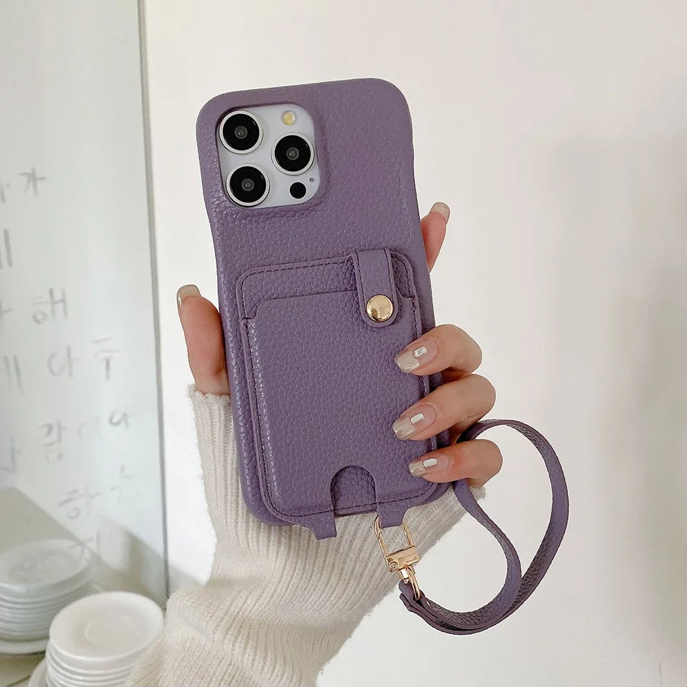 For iPhone 14 Pro Max Case Multi-Functional Card Slots Leather Back Cover with Wrist Strap - Purple - 1