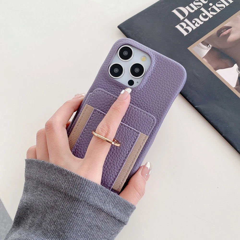 For iPhone 16 Pro Case Card Slots Kickstand PU Leather Back Cover with Ring Holder, Wrist Strap - Purple - 3