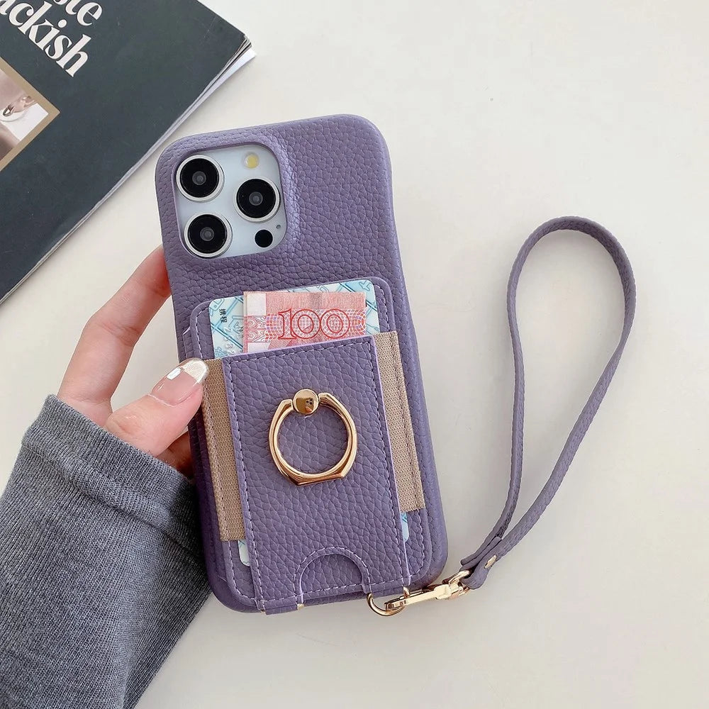 For iPhone 16 Pro Case Card Slots Kickstand PU Leather Back Cover with Ring Holder, Wrist Strap - Purple - 4