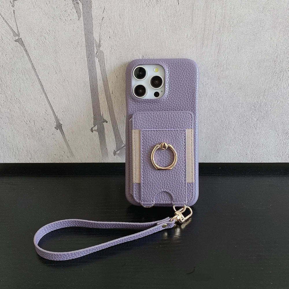 For iPhone 16 Pro Case Card Slots Kickstand PU Leather Back Cover with Ring Holder, Wrist Strap - Purple - 6