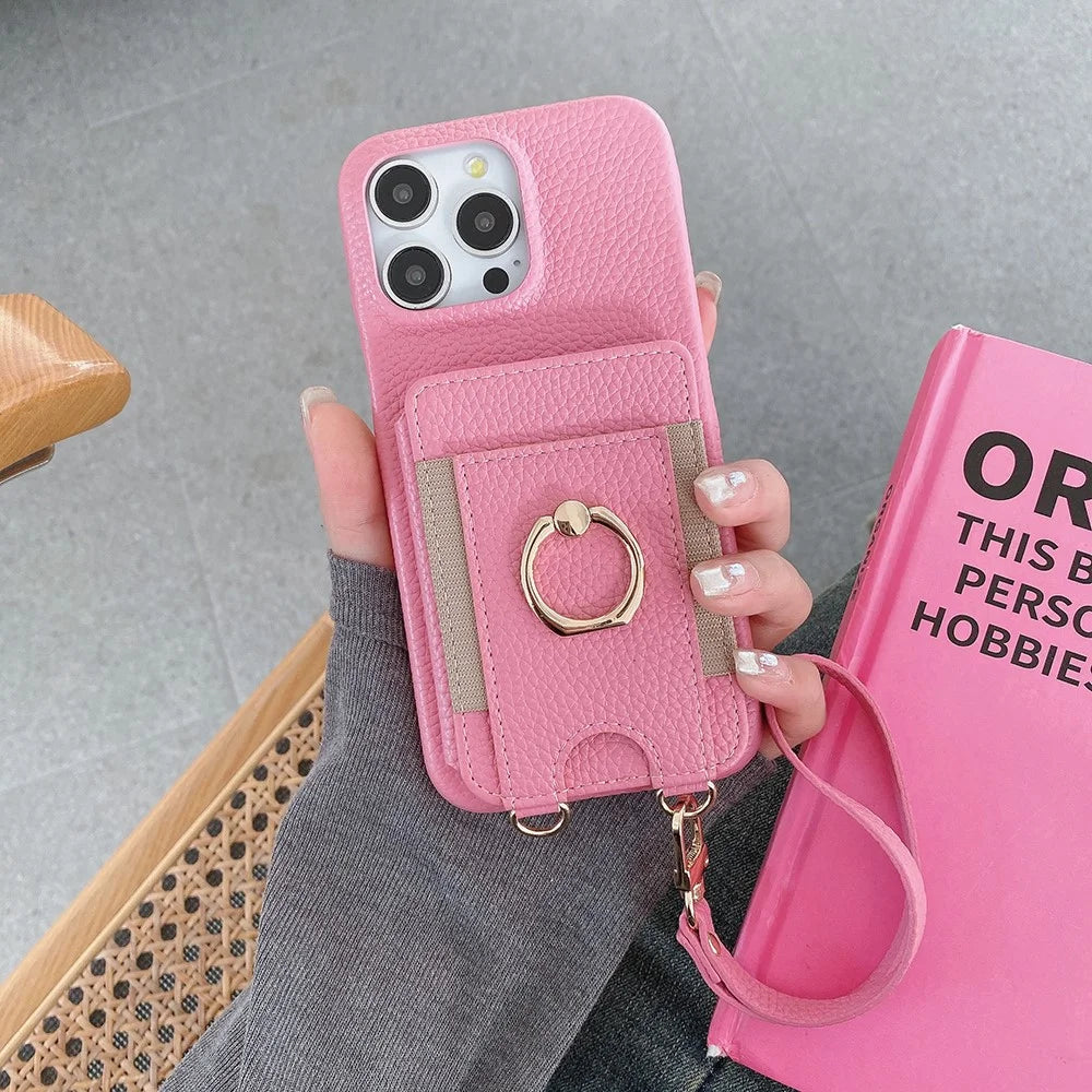 For iPhone 14 Pro Max Case Card Slots Kickstand PU Leather Back Cover with Ring Holder, Wrist Strap - Pink - 1