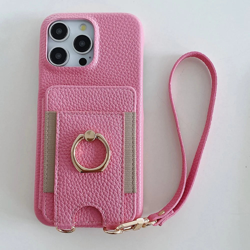 For iPhone 14 Pro Max Case Card Slots Kickstand PU Leather Back Cover with Ring Holder, Wrist Strap - Pink - 2