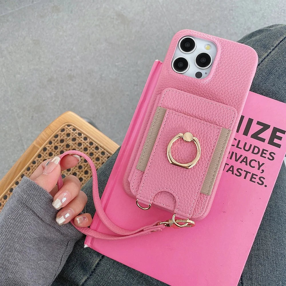 For iPhone 14 Pro Max Case Card Slots Kickstand PU Leather Back Cover with Ring Holder, Wrist Strap - Pink - 6
