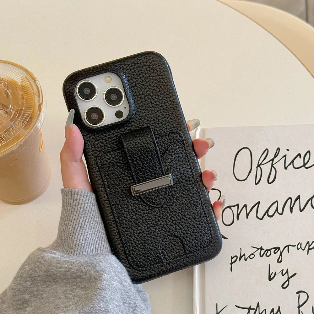 For iPhone 15 Pro Case with Card Slots Litchi Texture Leather + PET Phone Cover - Black - 3