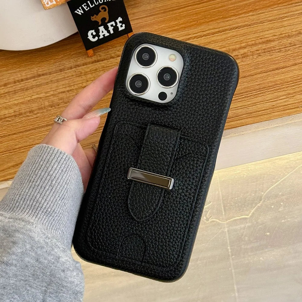 For iPhone 15 Pro Case with Card Slots Litchi Texture Leather + PET Phone Cover - Black - 6