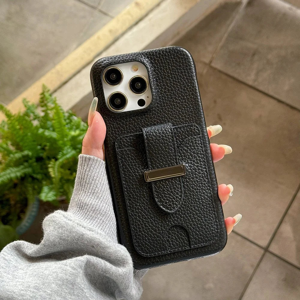 For iPhone 15 Pro Case with Card Slots Litchi Texture Leather + PET Phone Cover - Black - 7