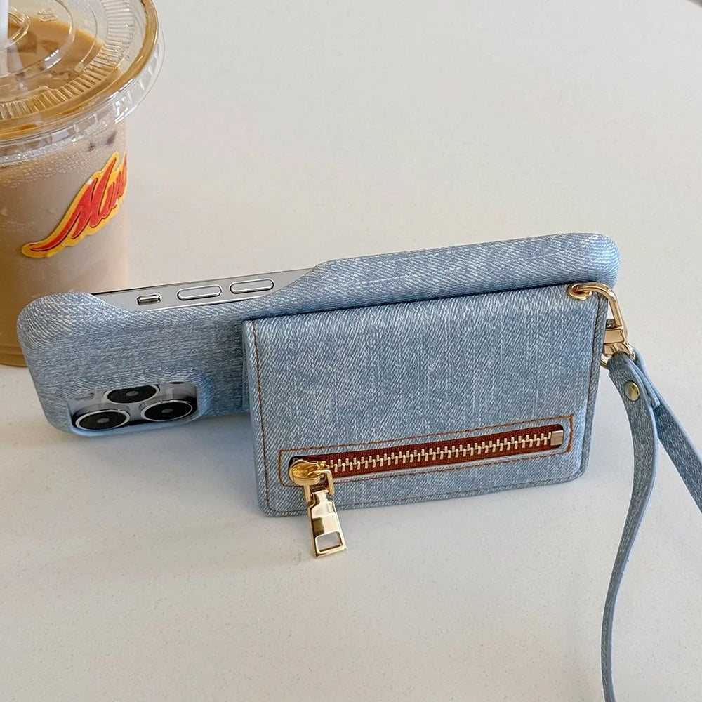 For iPhone 15 Pro Max Case Zipper Card Holder Kickstand Jeans Cloth Texture PU Leather Back Cover with Strap - 5