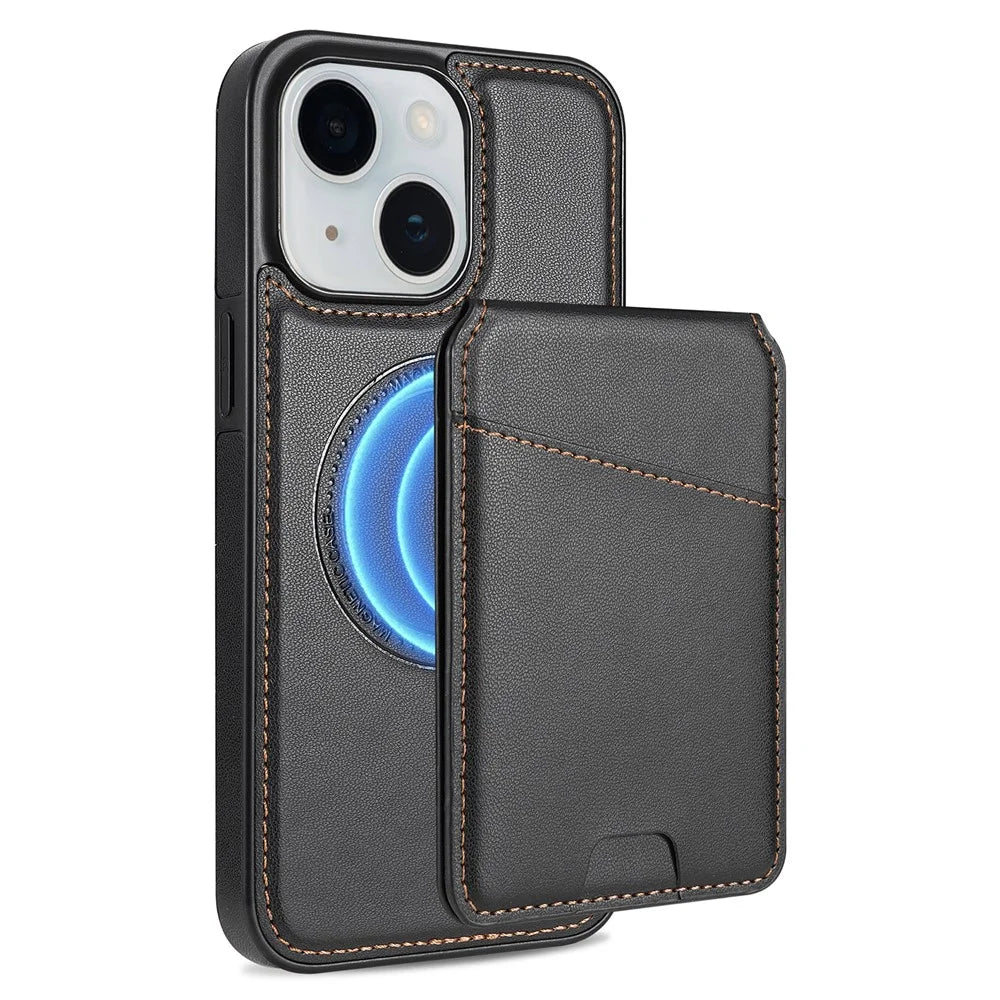For iPhone 13 Case Compatible with MagSafe Detachable Card Holder Kickstand Leather Phone Back Cover - Black - 1