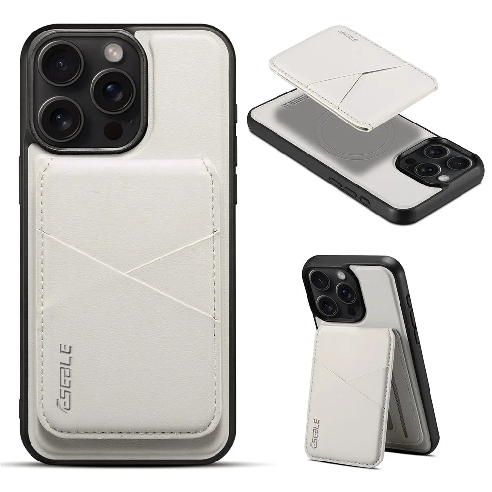 ESEBLE E3 For iPhone 15 Pro Max Magnetic Case with Detachable Card Holder Leather + TPU RFID Blocking Phone Cover - White - 1
