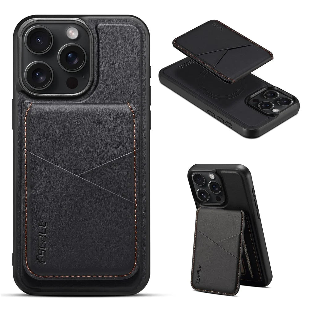 ESEBLE E3 For iPhone 16 Pro Magnetic Case with Detachable Card Holder Leather + TPU RFID Blocking Phone Cover - Black - 1