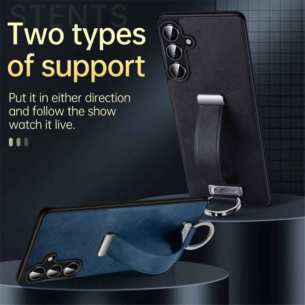SULADA Fashion Series for Samsung Galaxy S25 Case Wristband Kickstand Leather Back Phone Cover - Black - 2