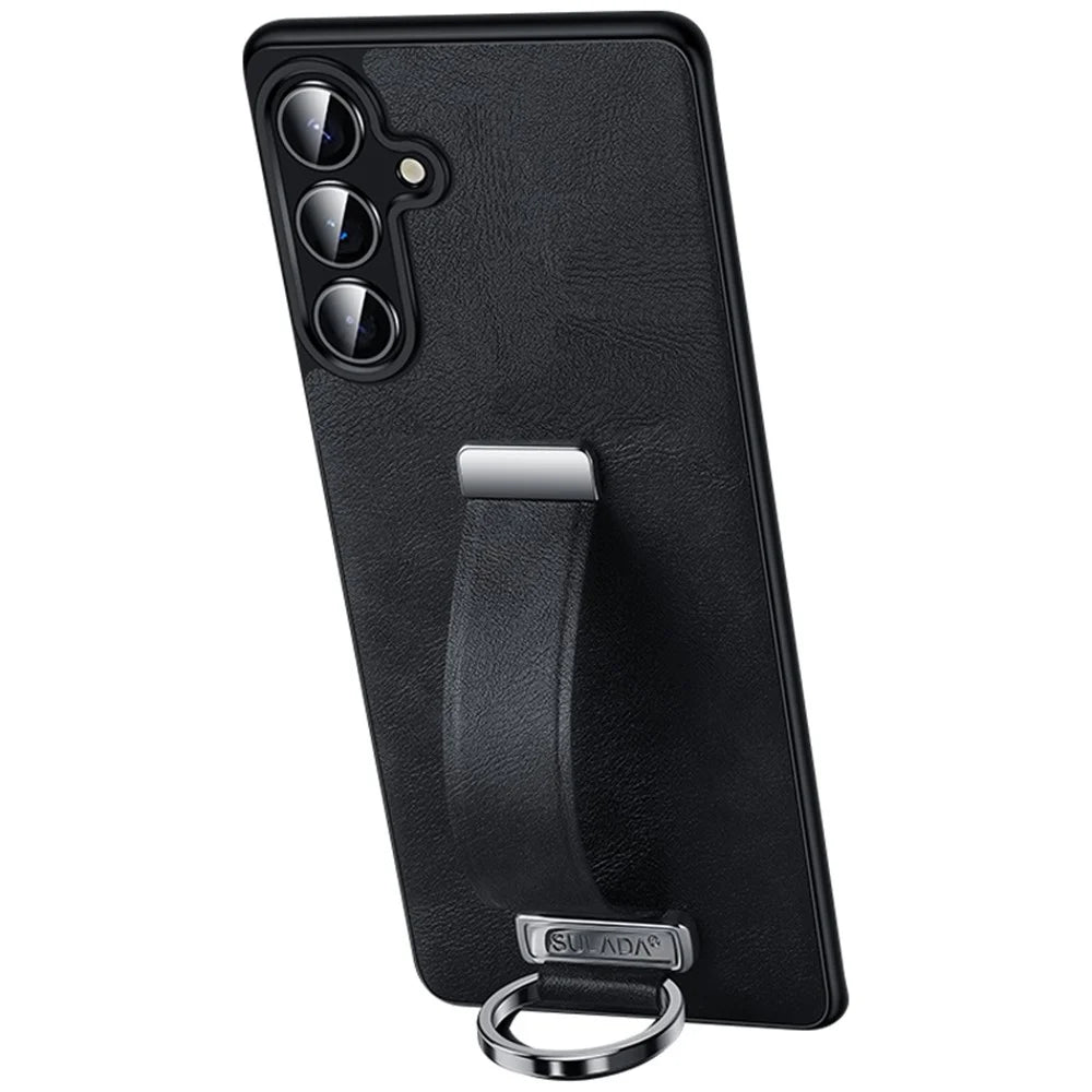 SULADA Fashion Series for Samsung Galaxy S25+ Case Wristband Kickstand Leather Back Phone Cover - Black - 1