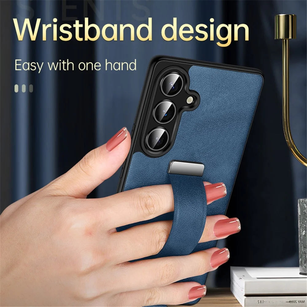 SULADA Fashion Series for Samsung Galaxy S25+ Case Wristband Kickstand Leather Back Phone Cover - Black - 3