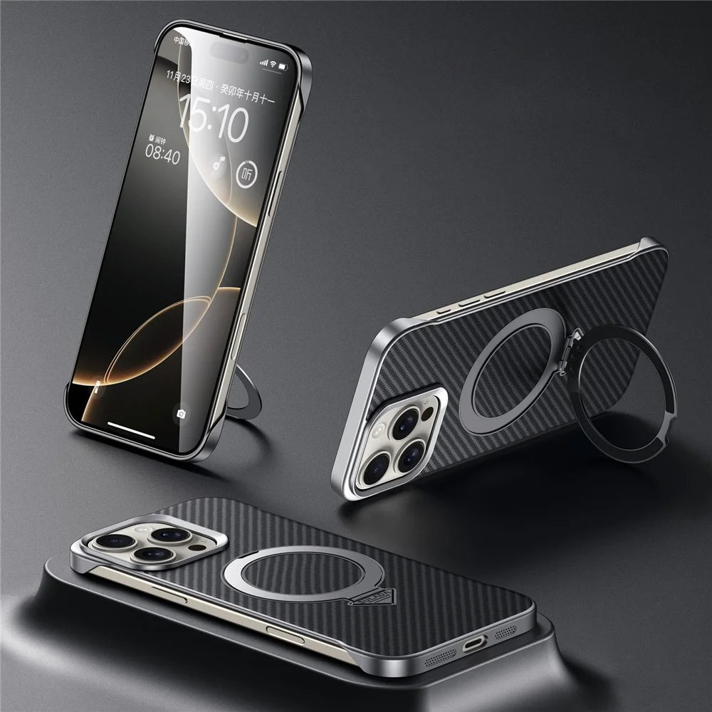 SULADA For iPhone 16 Pro Max Case Compatible with MagSafe Kickstand PU + PC Phone Cover Carbon Fiber Texture - Black - 1
