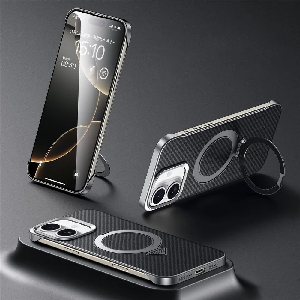 SULADA For iPhone 16 Case Compatible with MagSafe Kickstand PU + PC Phone Cover Carbon Fiber Texture - Black - 1