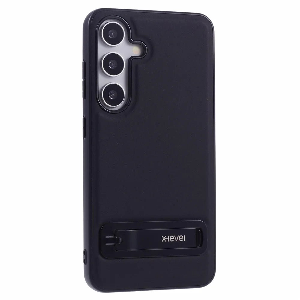 X-LEVEL For Samsung Galaxy S25+ Case Leather Coated PC TPU Phone Back Cover with Metal Kickstand - Black - 1