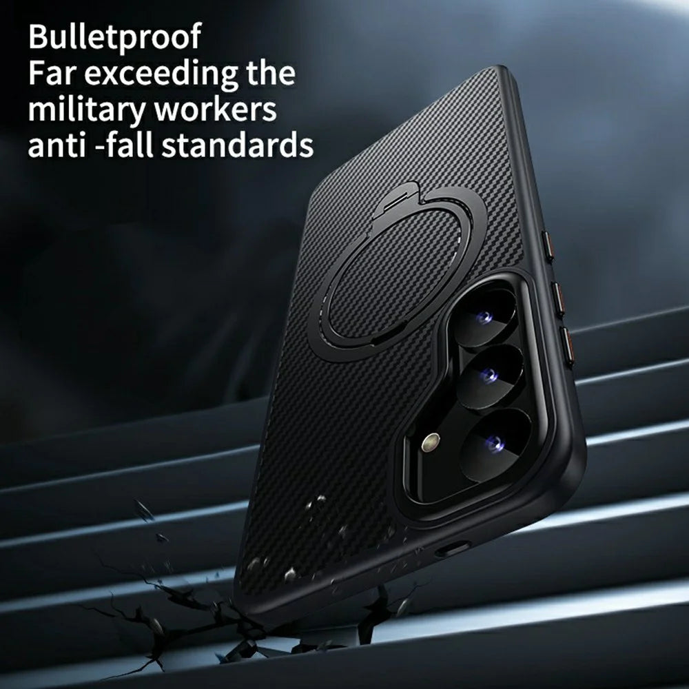 For Samsung Galaxy S25 Magnetic Case PC + TPU Phone Cover Ring Holder Carbon Fiber Texture - Black - 4