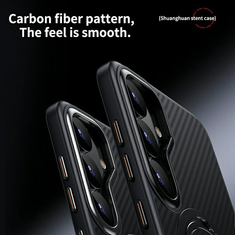For Samsung Galaxy S25 Magnetic Case PC + TPU Phone Cover Ring Holder Carbon Fiber Texture - Black - 6