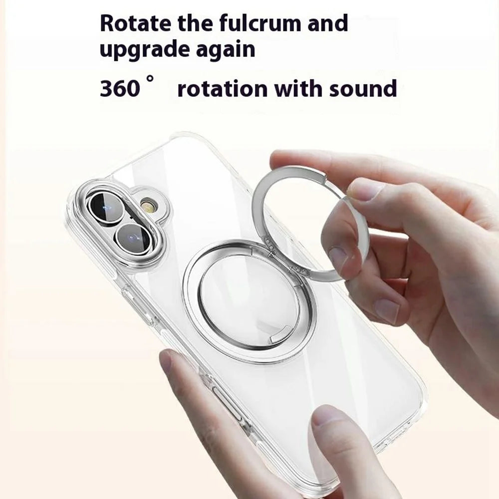 For iPhone 16 Plus Case Compatible with MagSafe Gear Fulcrum Kickstand Electroplating Lens Frame PC + TPU Phone Cover - Gold - 4