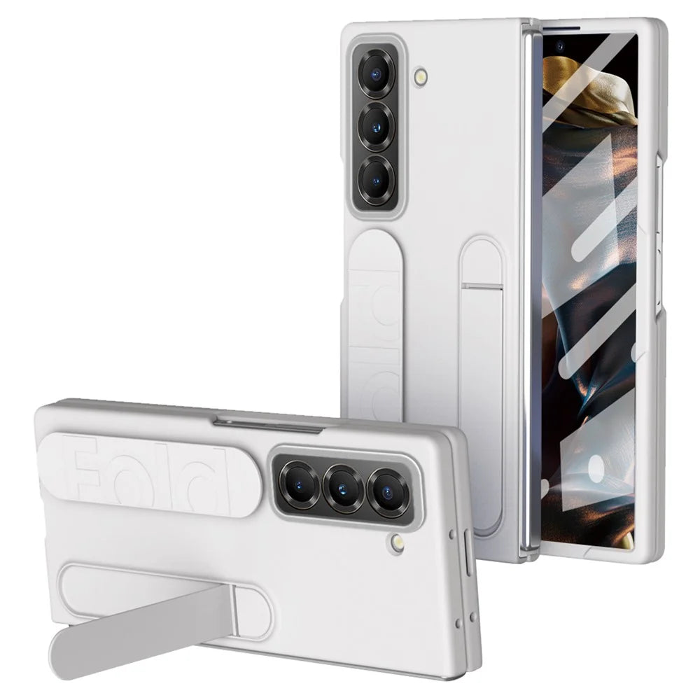 Kickstand Wristband Phone Case for Samsung Galaxy Z Fold Special PC Silicone Mobile Cover with Tempered Glass Film - White - 1