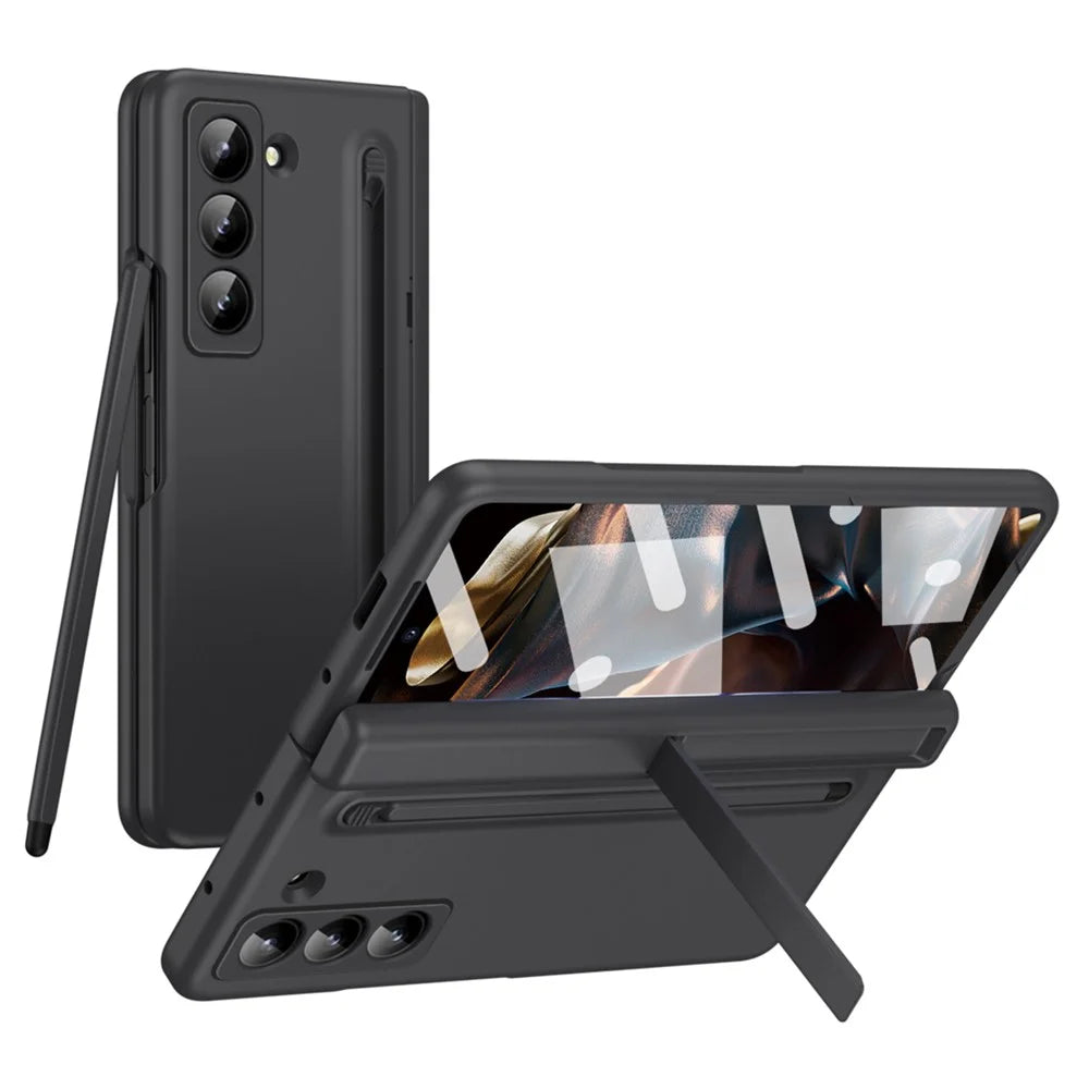 Kickstand Phone Case for Samsung Galaxy Z Fold Special PC Back Cover with Stylus and Tempered Glass Film - Black - 2