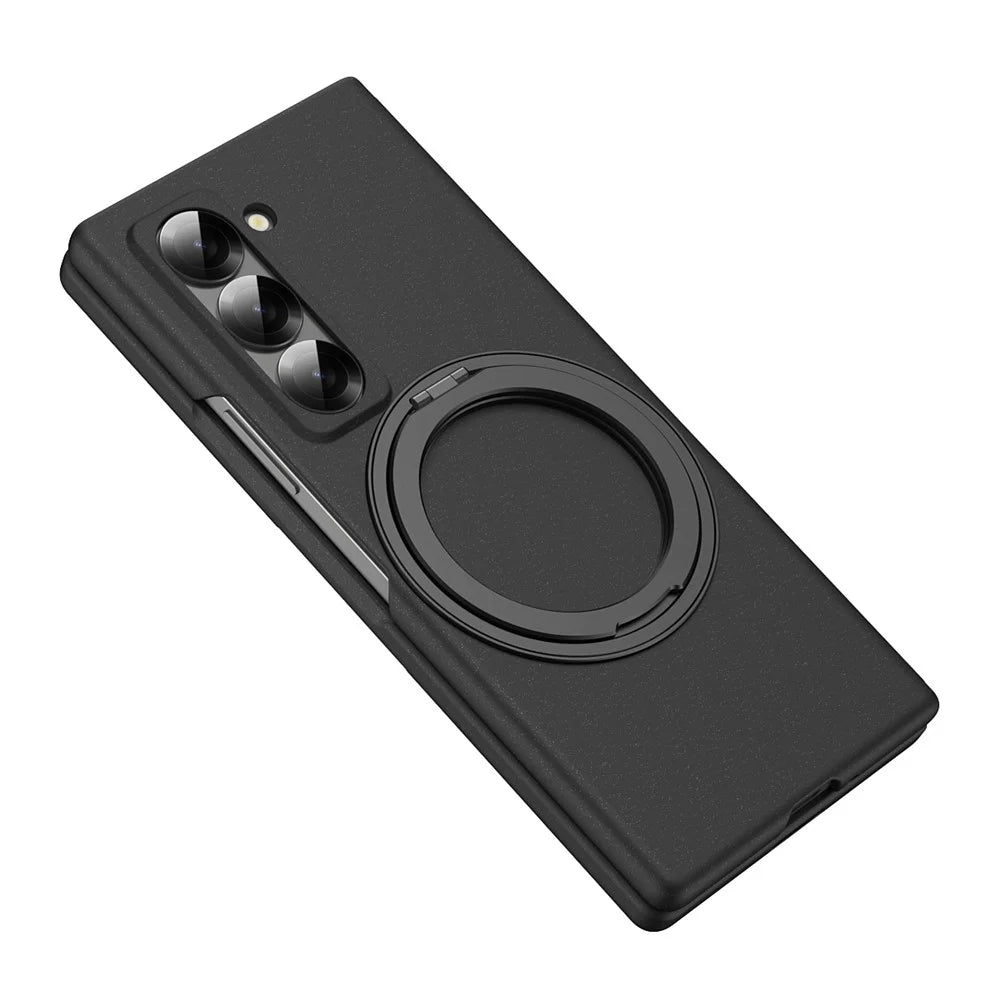 Magnetic Phone Case for Samsung Galaxy Z Fold Special Ring Kickstand Hard PC Cover with Tempered Glass Screen Film - Black - 2