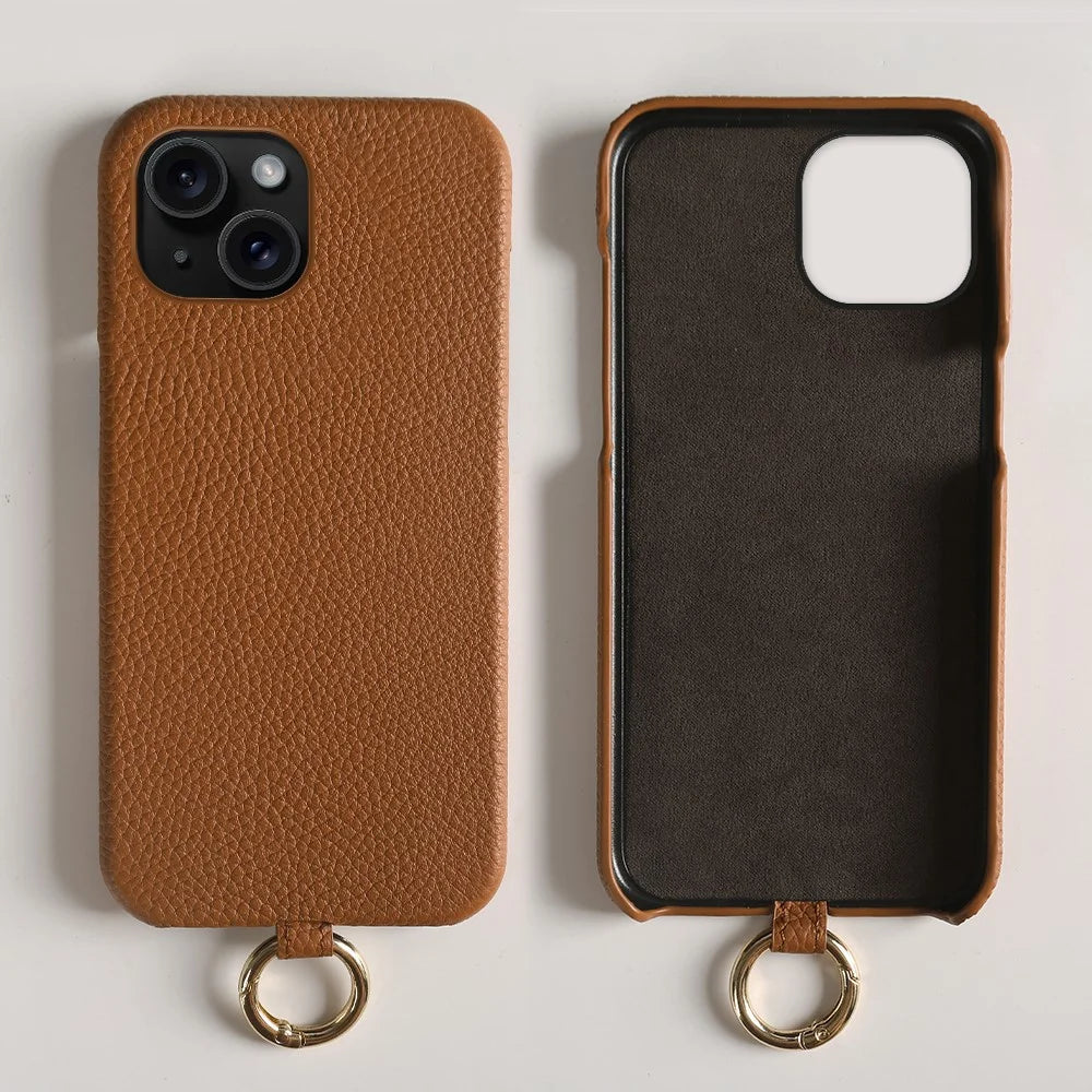 For iPhone 13 Case with Lanyard Genuine Cow Leather PC Phone Back Cover - Brown - 2