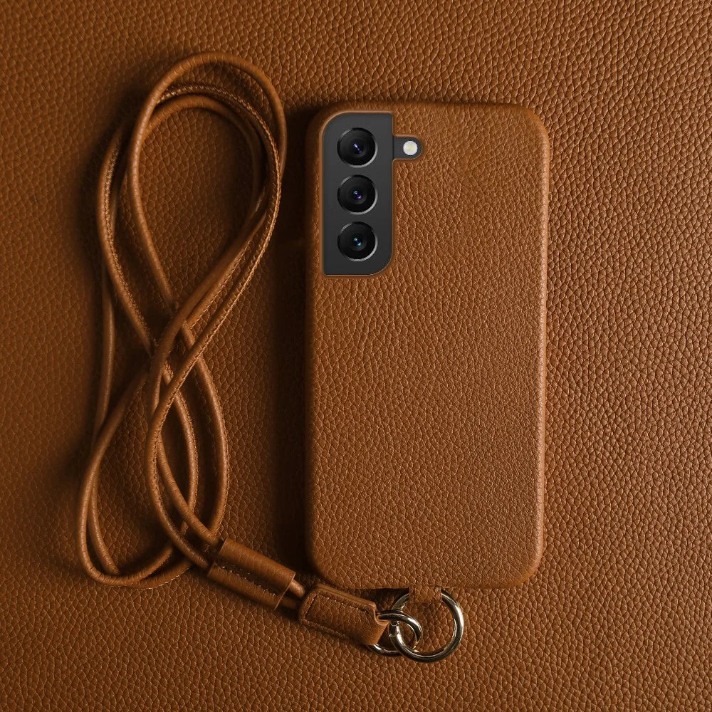 For Samsung Galaxy S22 5G Case with Lanyard Genuine Cow Leather PC Phone Back Cover - Brown - 3