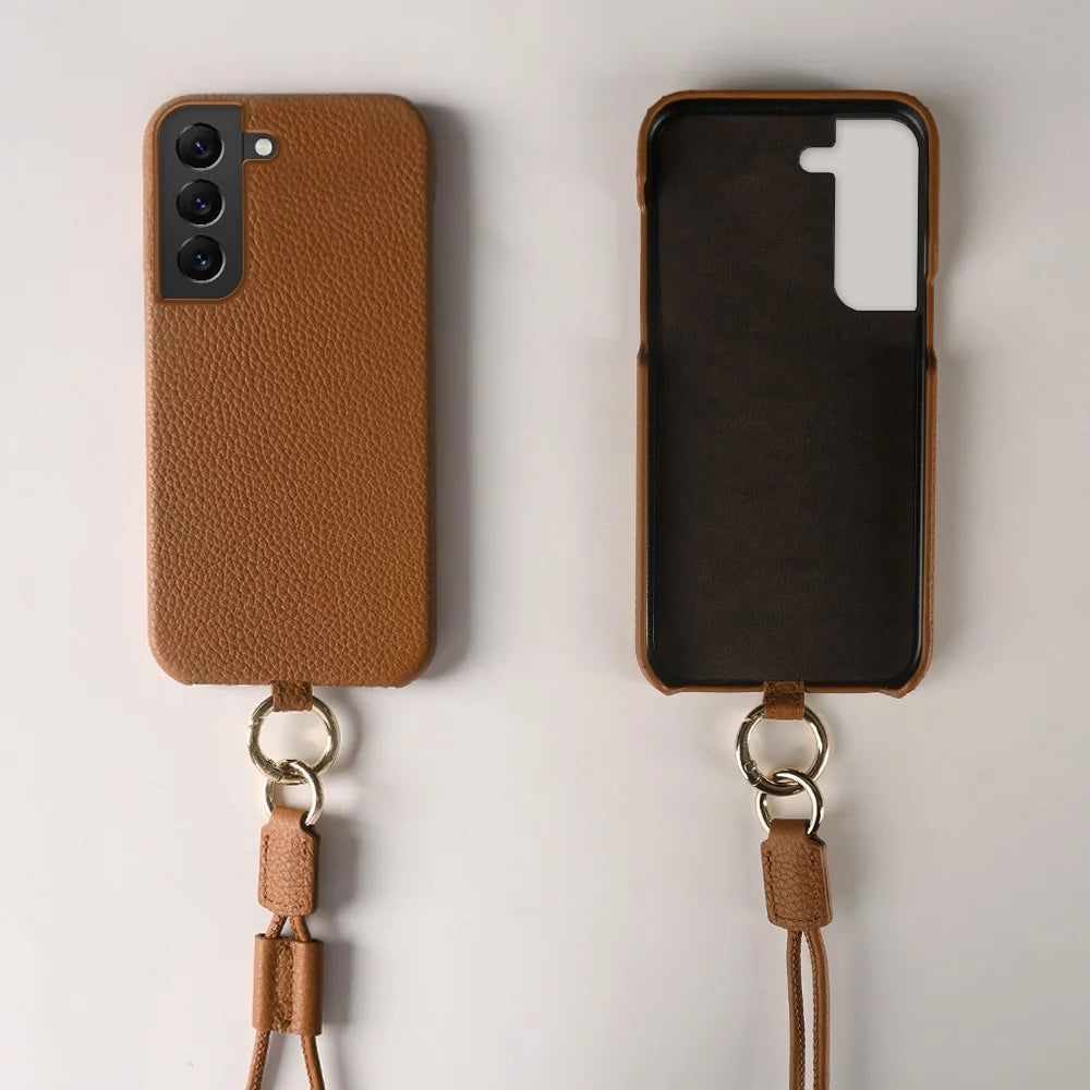 For Samsung Galaxy S22 5G Case with Lanyard Genuine Cow Leather PC Phone Back Cover - Brown - 5