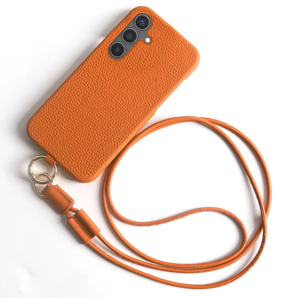 For Samsung Galaxy S24 Case with Lanyard Genuine Cow Leather PC Phone Back Cover - Orange - 1
