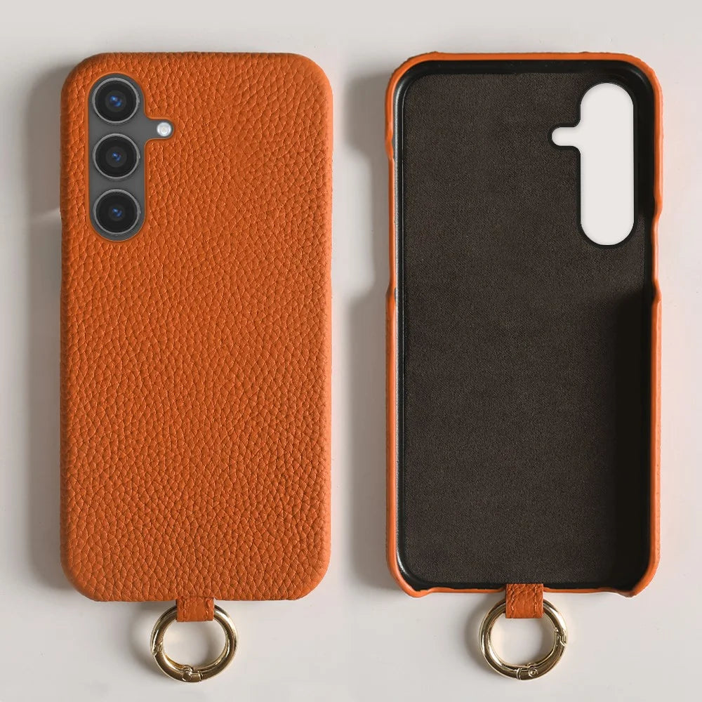 For Samsung Galaxy S24 Case with Lanyard Genuine Cow Leather PC Phone Back Cover - Orange - 2