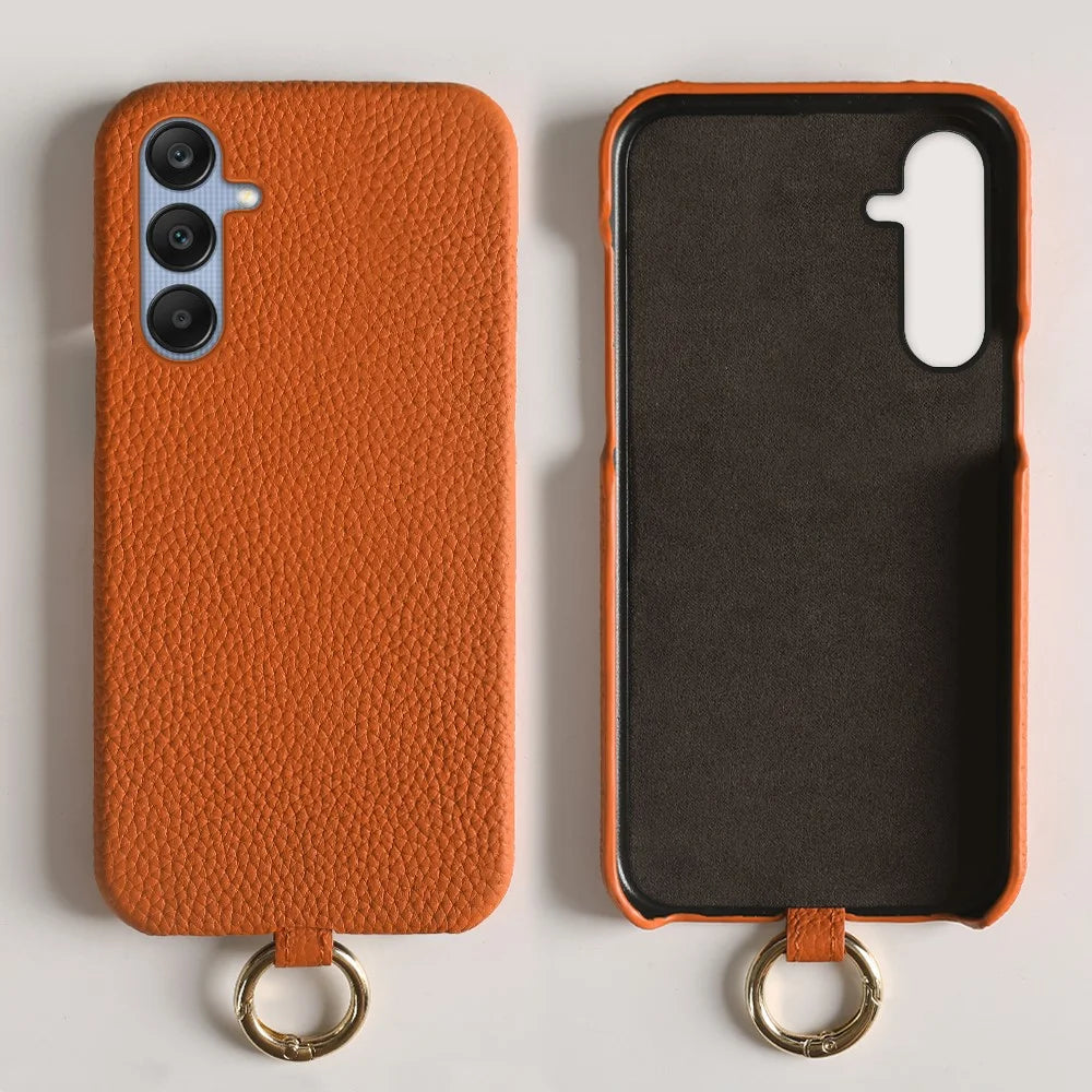 For Samsung Galaxy S23 FE Case with Lanyard Genuine Cow Leather PC Phone Back Cover - Orange - 2
