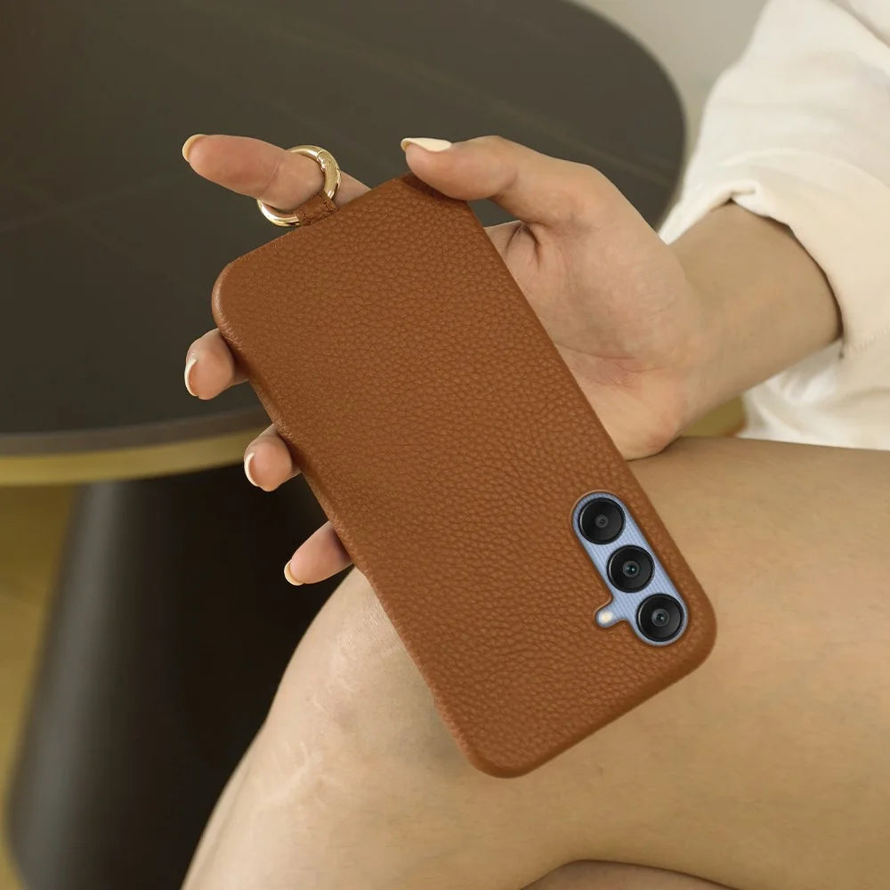 For Samsung Galaxy S23 FE Case with Lanyard Genuine Cow Leather PC Phone Back Cover - Orange - 6