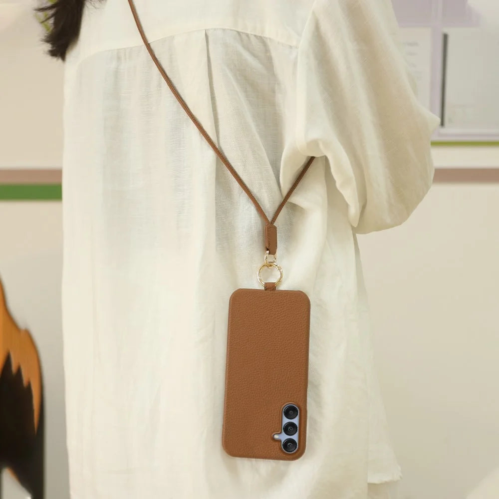 For Samsung Galaxy S23 FE Case with Lanyard Genuine Cow Leather PC Phone Back Cover - Orange - 7