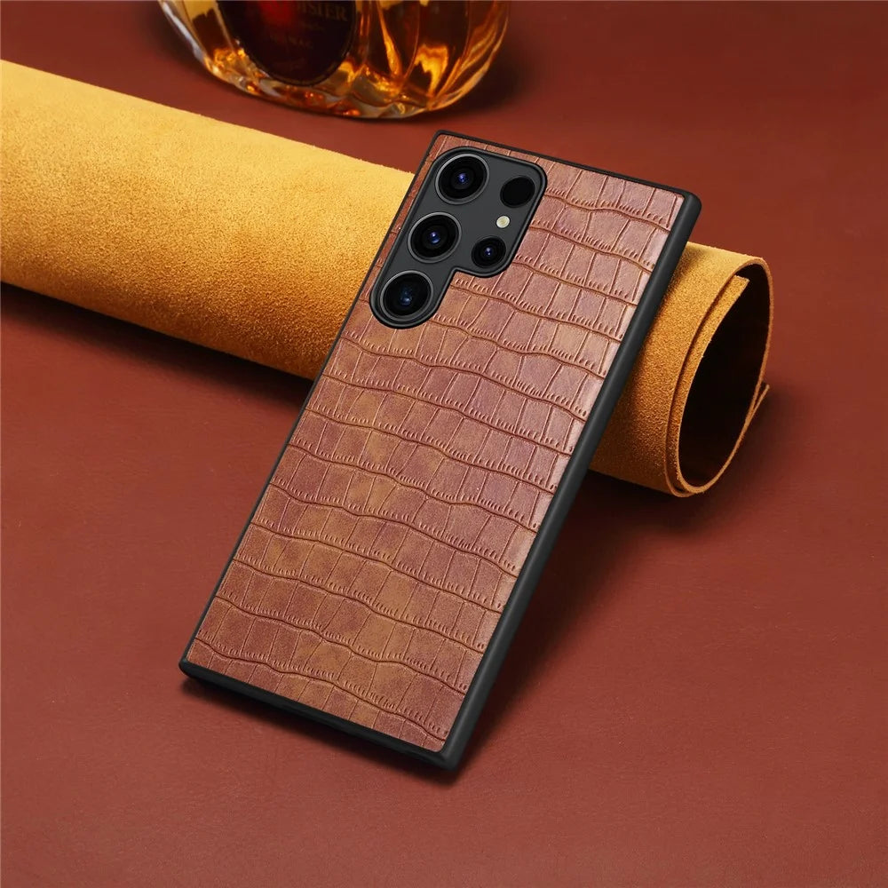 For Samsung Galaxy S25 Ultra Case Crocodile Texture Design Leather Slim Back Cover - Brown - 3
